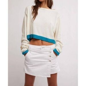 Cream and Blue Cropped Sweater with White Skirt